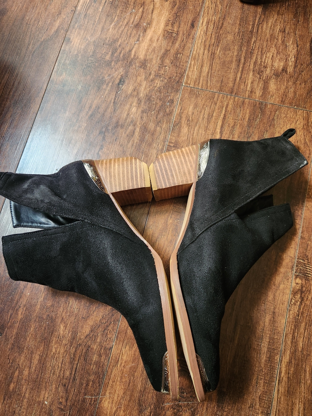 YDN Black Faux Suede Cutout Ankle Booties with Wooden Block Heel